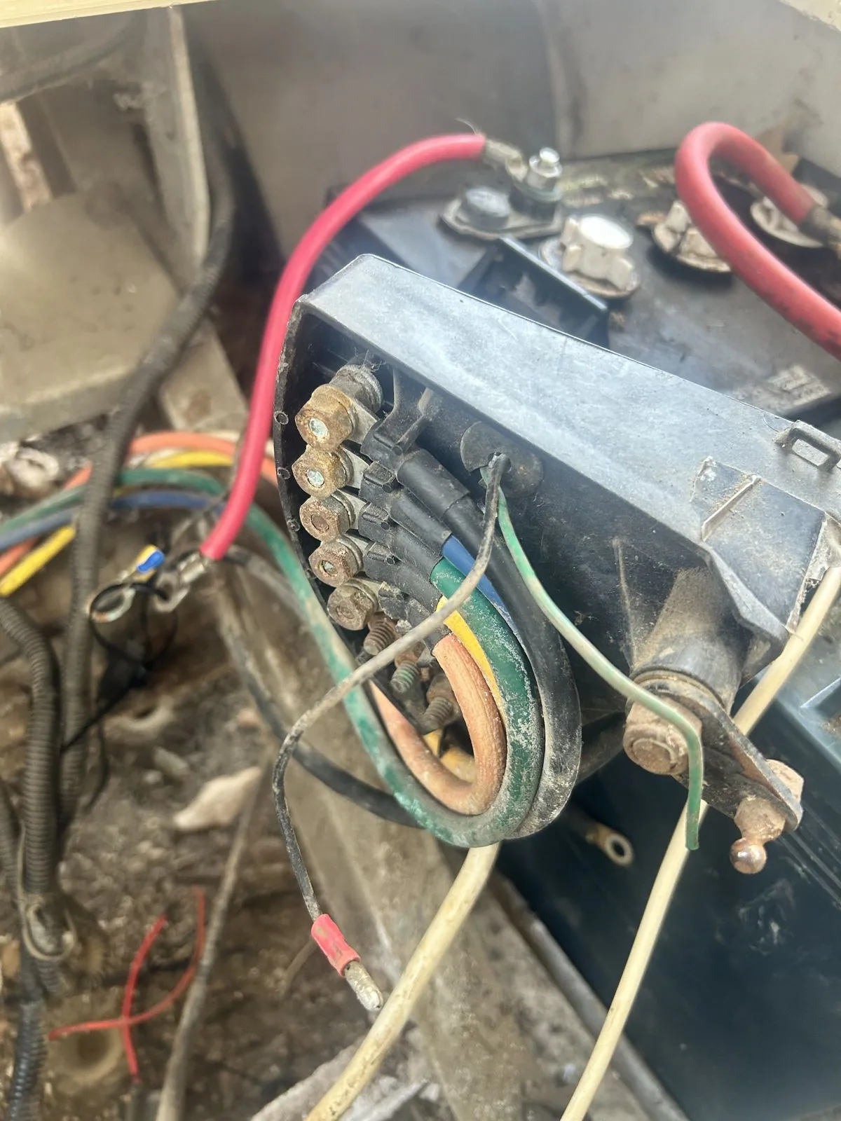 Golf cart solenoid and wiring harness terminals under the seat during electrical repair at Built Different Cart Co, Quinlan TX